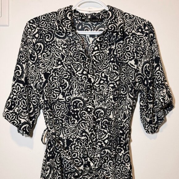 Zara Black White Shirt Midi Belted Dress size S - Picture 8 of 8